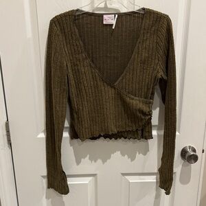 Olive Ribbed V-Neck Blouse